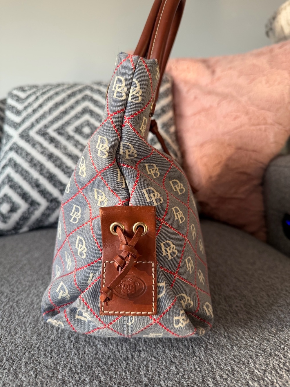 Dooney and Bourke Monogrammed Pattern Gray and Brown Tote Bag with Tassel - Picture 5 of 8